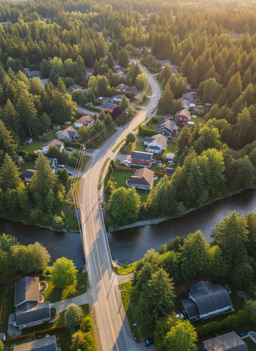 A professional, photographic aerial view of a small community intersected by a curving two-lane road, overhead power lines, and a modest bridge crossing a river, clearly illustrating the relationship between homes, infrastructure, and surrounding forest. The houses are nestled among abundant trees with varied green hues, while the road, sidewalks, and utility structures are neatly maintained but unobtrusive. Soft, golden hour light casts long, delicate shadows from trees and buildings, highlighting contours of terrain and riverbanks. The atmosphere feels thoughtful and balanced, suggesting careful planning and community oversight. Shot from a high, bird’s-eye perspective with sharp focus across the frame to reveal details of streets, lots, and natural buffers. The clean, realistic photographic style communicates informed advocacy about local infrastructure decisions affecting Brackendale’s livability.