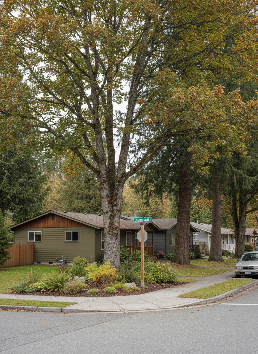 A detailed, photographic close-up of a Brackendale neighborhood street corner, featuring modest homes partially obscured by mature maple and cedar trees, with a small, clearly visible street sign labeled “Brackendale.” The homes use natural wood siding and neutral tones that blend into the landscape, with low, well-tended native plant gardens in the foreground. Overcast, diffused daylight creates even lighting without harsh shadows, emphasizing calm, livable character. The mood is stable and welcoming, suggesting a cohesive, protected community. Captured from a slightly elevated angle with moderate depth of field so the foreground foliage is crisp while the background softens gently. The composition uses subtle leading lines from the sidewalk and curb to convey a sense of local infrastructure that supports, rather than overwhelms, the neighborhood’s distinctive identity.