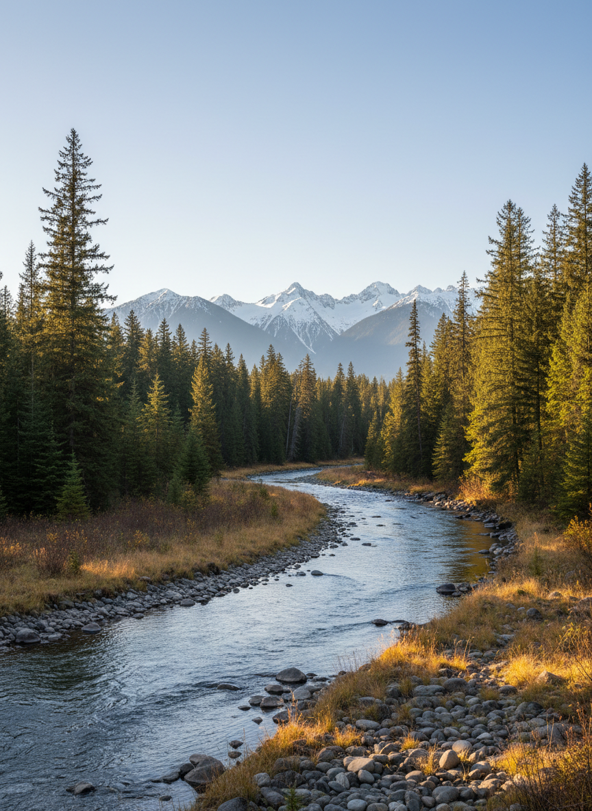 A wide, panoramic photographic view of Brackendale’s lush river valley, focusing on a clear, winding river bordered by dense evergreen forest and distant snow-dusted mountains. The shoreline features rounded river stones and patches of golden grasses, emphasizing natural textures and ecological richness. Soft, late-afternoon natural light bathes the scene, creating gentle highlights on the water’s ripples and long, calm shadows from trees. The atmosphere feels serene, protective, and resilient, suggesting a landscape worth safeguarding. Shot at eye level with sharp focus throughout, using rule-of-thirds composition to balance river, forest, and sky. The photographic realism and clean, professional aesthetic align with an environmental advocacy organization dedicated to preserving Brackendale’s character and natural integrity, without any human presence.