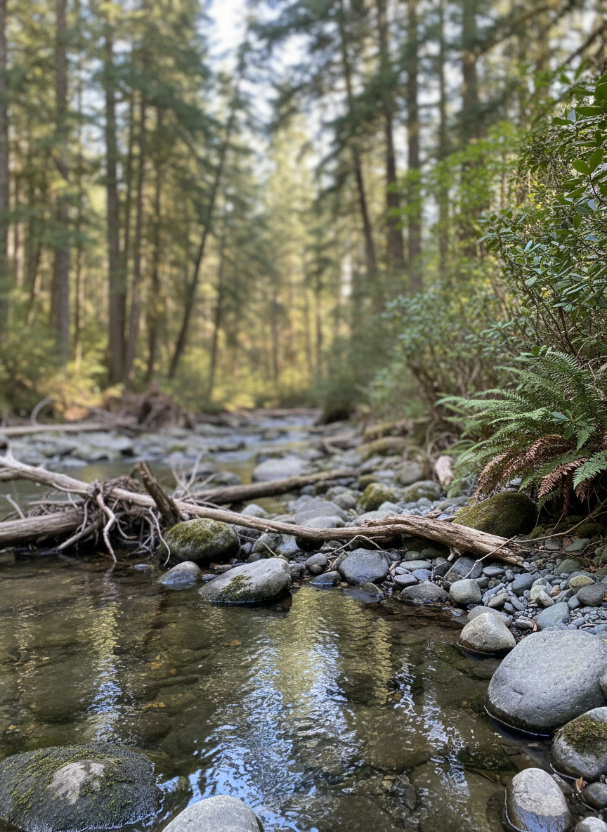 A close, photographic view of a clear, shallow stream in Brackendale, its rocky bed visible through the water, with smooth grey stones, patches of moss, and driftwood branches creating intricate natural textures. On the bank, native shrubs and ferns grow densely, with a backdrop of tall conifers rising into a softly blurred forest. Gentle, dappled sunlight filters through the tree canopy, creating bright highlights on the water’s surface and soft, organic shadows across the stones. The mood is peaceful yet vigilant, hinting at ecological sensitivity and the importance of environmental integrity. Captured at a low angle near the waterline, using shallow depth of field to emphasize the foreground stones and ripples while the forest recedes into creamy bokeh. The realistic, crisp photographic style underscores the value of protecting local waterways and habitat in Brackendale.