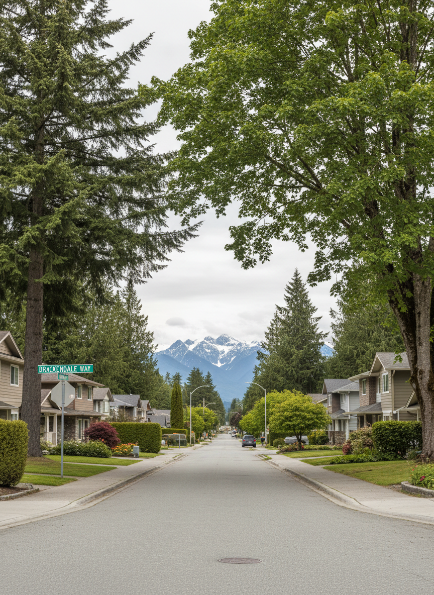 High-quality stock-style portrait photograph representing Brackendale, BC community: a quiet residential Brackendale street with modest homes, mature conifer and deciduous trees, a visible local street sign, mountains glimpsed in the distance, overcast soft light, no people, conveying a cohesive, walkable neighborhood feel.