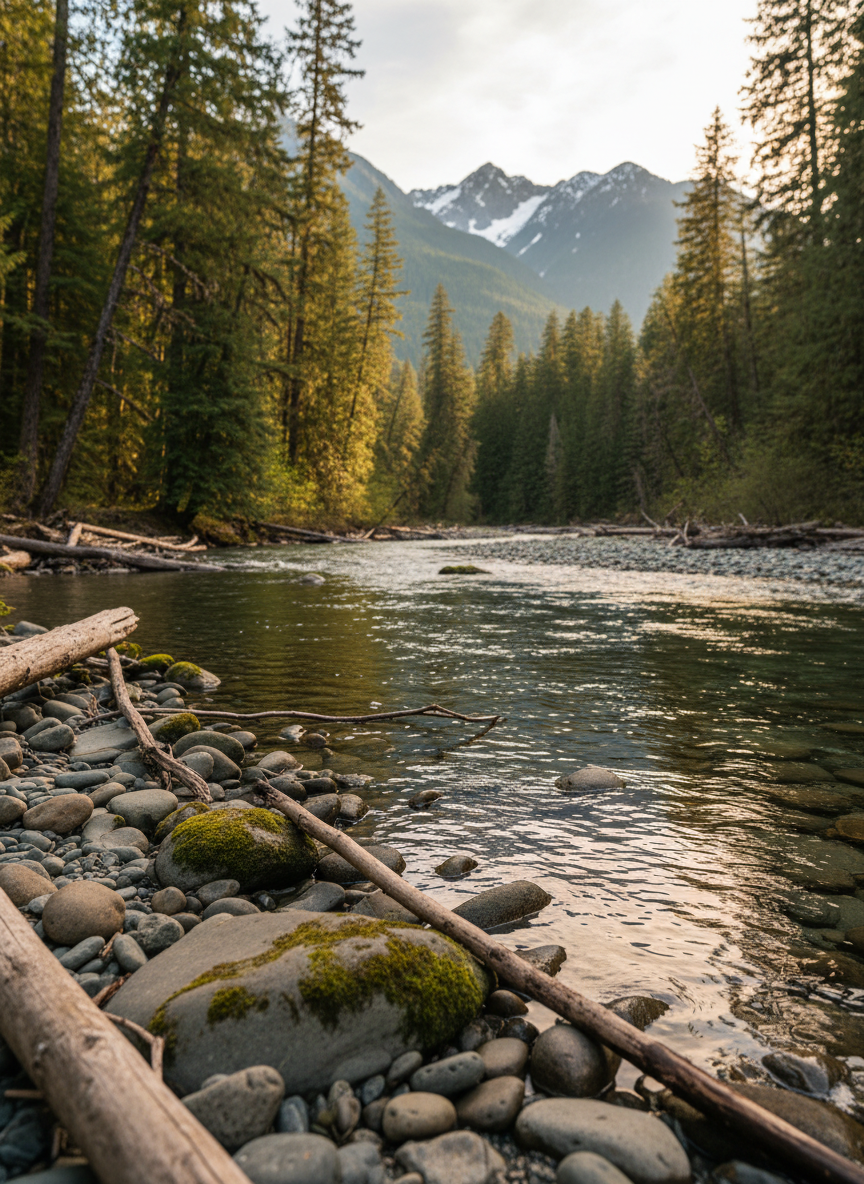 High-quality stock-style close-up photograph representing Brackendale, BC rivers and forest: a clear, shallow river edge with rounded stones, moss, and driftwood in the foreground, dense conifer forest and mountains softly blurred in the background, dappled sunlight on the water surface, no people, conveying ecological sensitivity and local habitat.