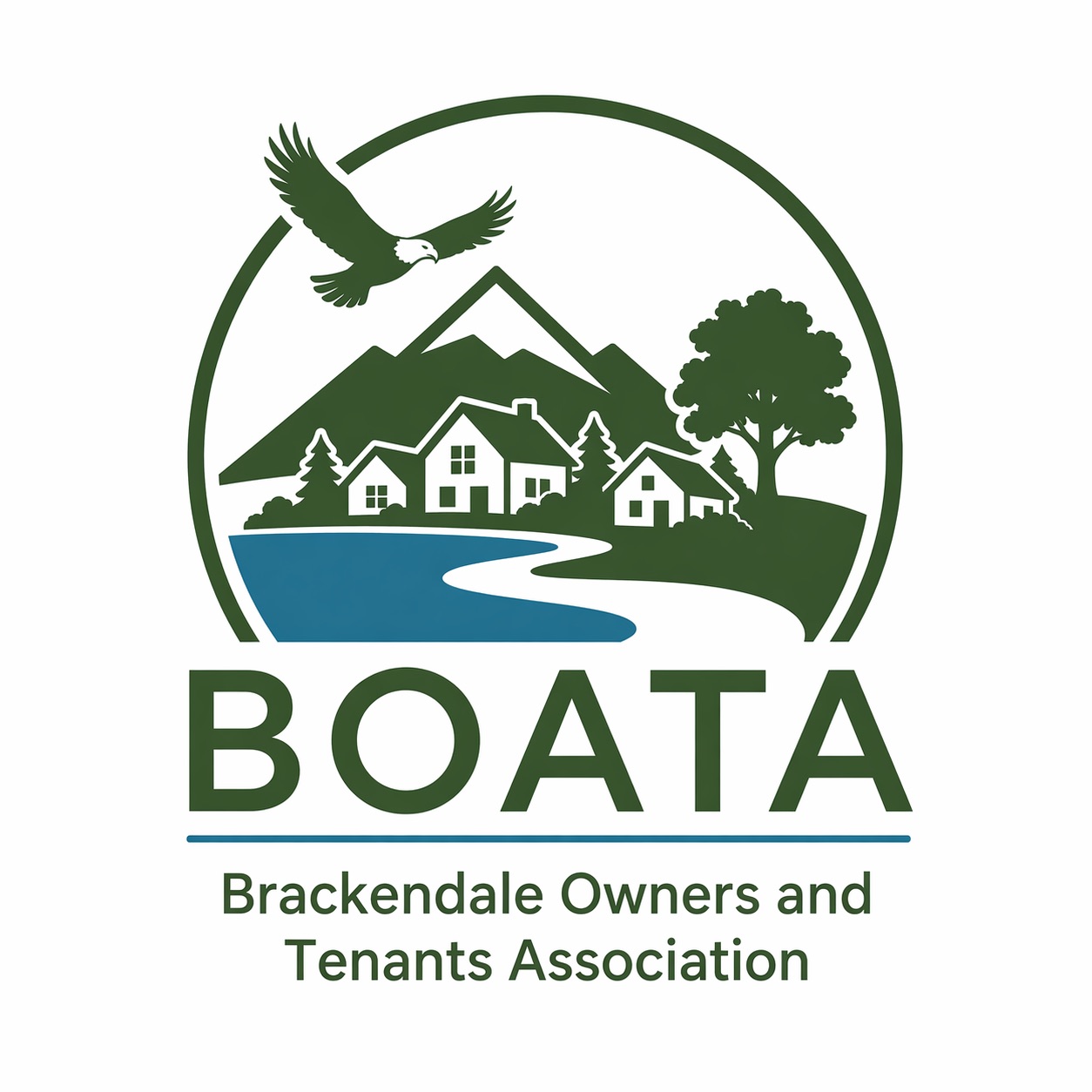The image is a logo for the Brackendale Owners and Tenants Association (BOATA), featuring a stylized design with a green c...